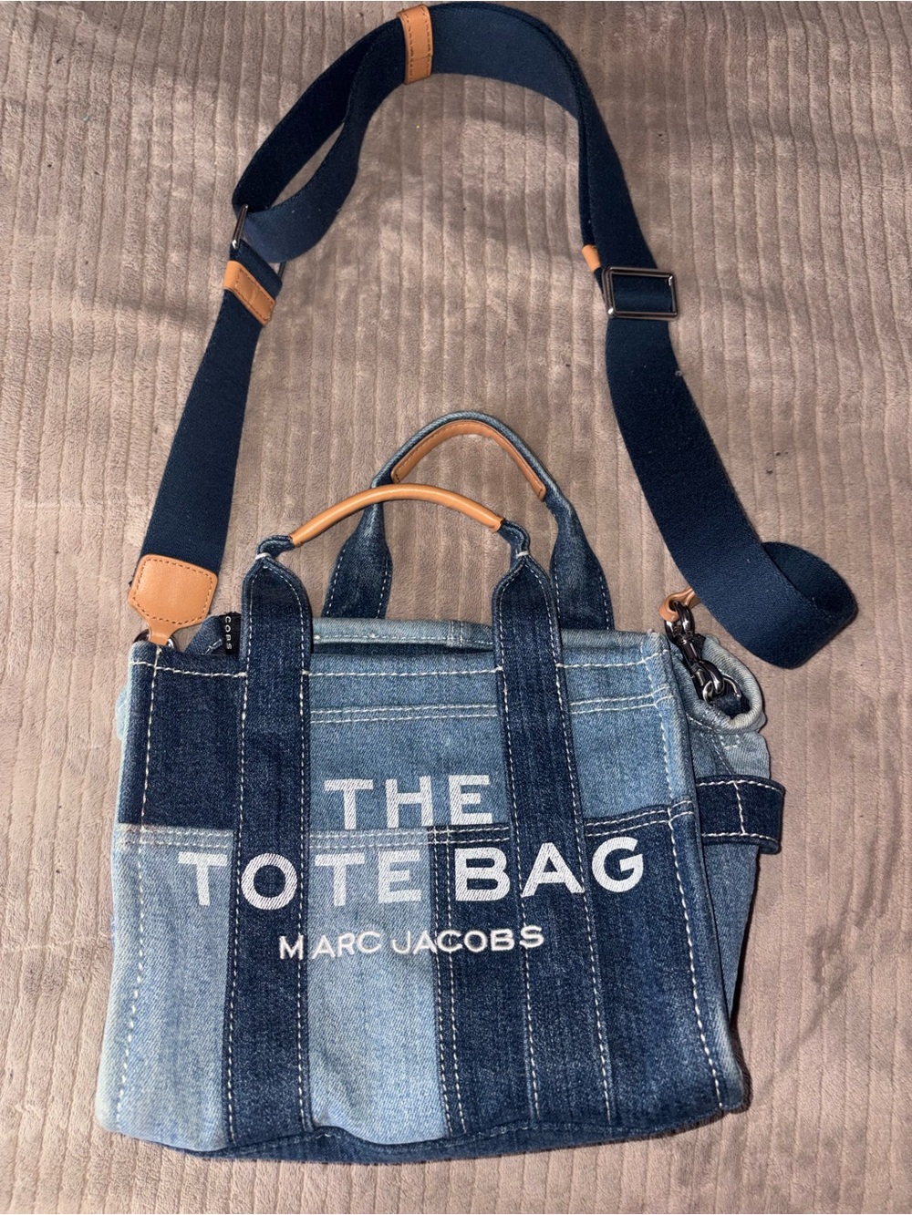 Marc Jacobs Denim Patchwork Tote Bag with Tan Accents